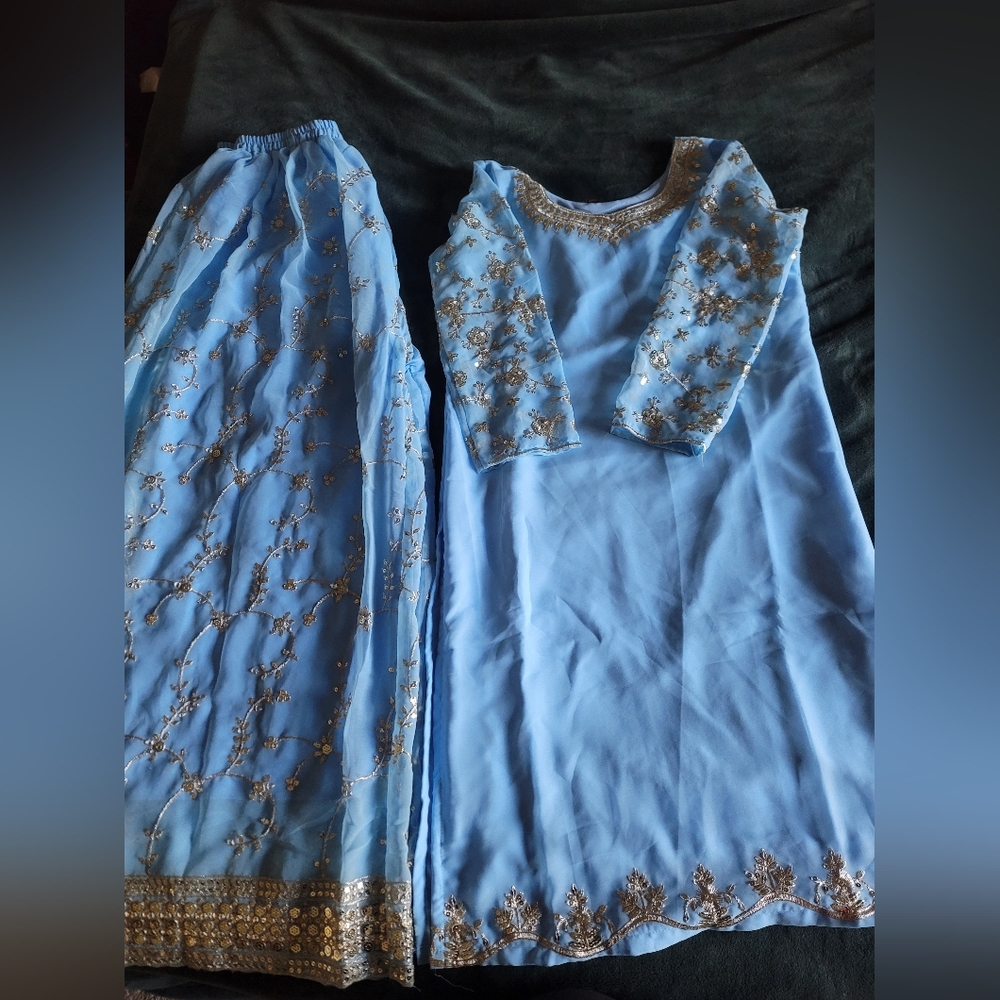 Blue Long Sleeve Bishop Dress with Tan Trim